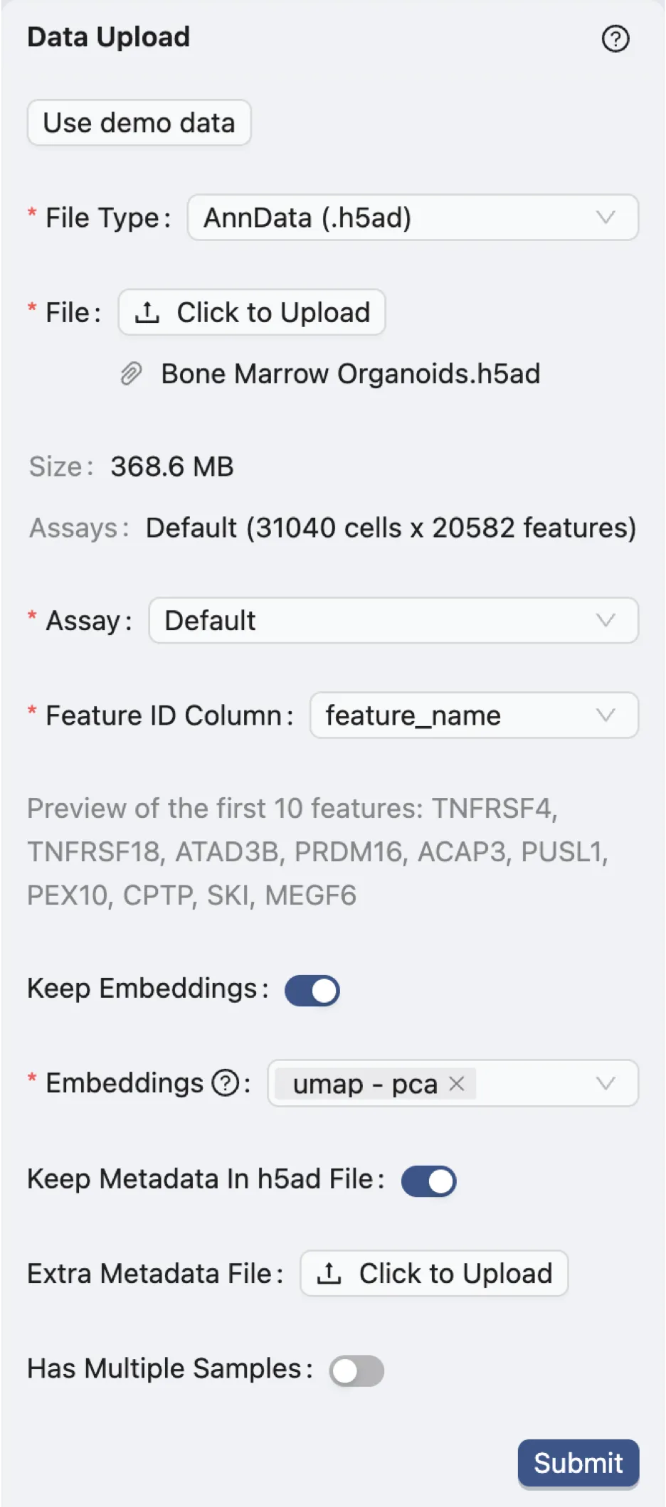 Data upload parameters