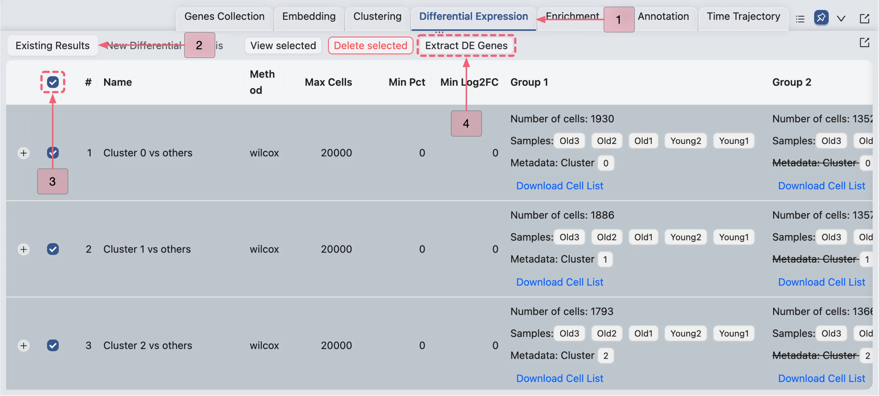 Dialog window for opening and extracting differentially expressed (DE) genes from the cross clusters analysis.