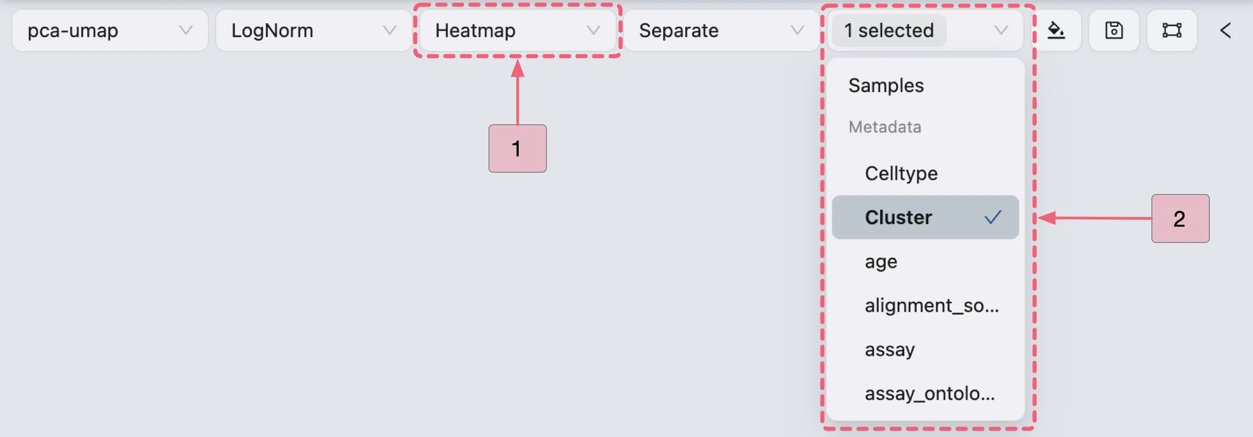 Heatmap visualization settings for Cluster 0 markers from the cross clusters analysis, with Cluster selected for grouping.