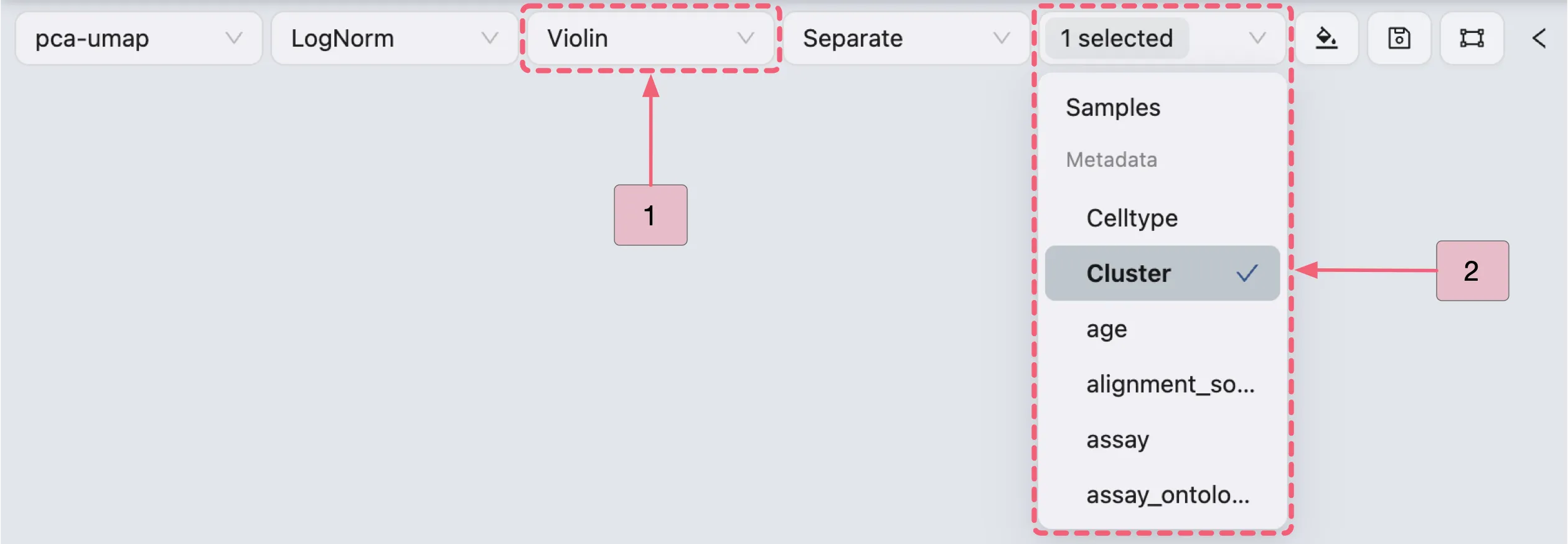 Toolbar displaying violin plot visualization settings within the cross clusters analysis.